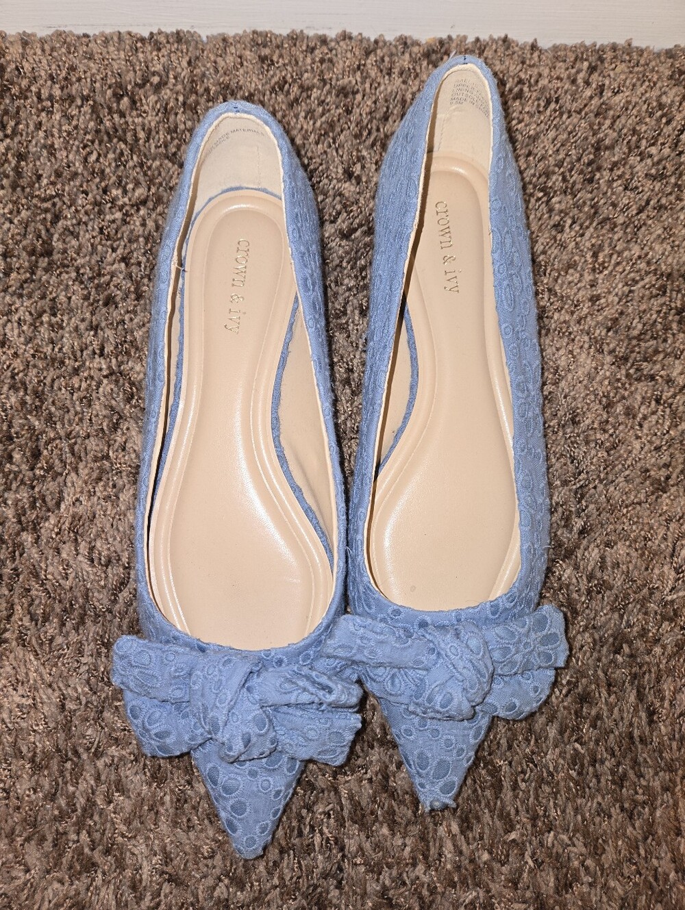 crown & ivy Powder Blue Lace Pointed-Toe Flats with Bow